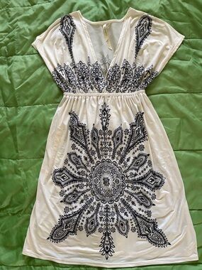 Cristinalove White Mini Dress with Black Mandala Print